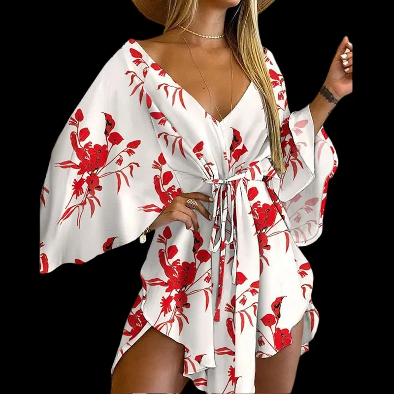 Flirty and Floral: Women's V-Neck Lace-Up Mini Dress