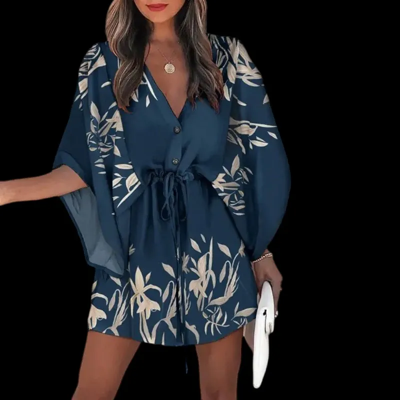 Flirty and Floral: Women's V-Neck Lace-Up Mini Dress