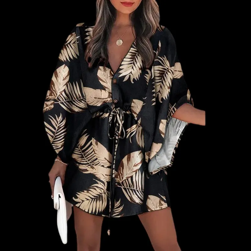 Flirty and Floral: Women's V-Neck Lace-Up Mini Dress