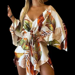 Flirty and Floral: Women's V-Neck Lace-Up Mini Dress