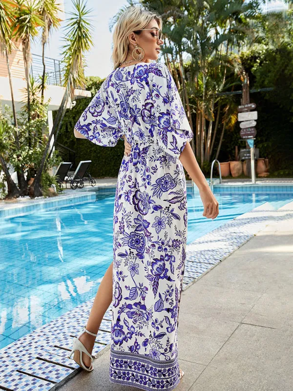 Floral Print Maxi Dress with V-Neck and Side Slit