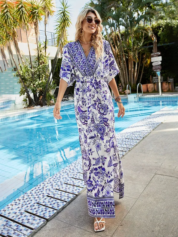 Floral Print Maxi Dress with V-Neck and Side Slit