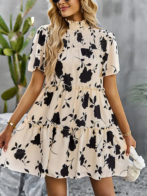 Floral Print Mini Dress with Smocked Bodice and Tiered Design