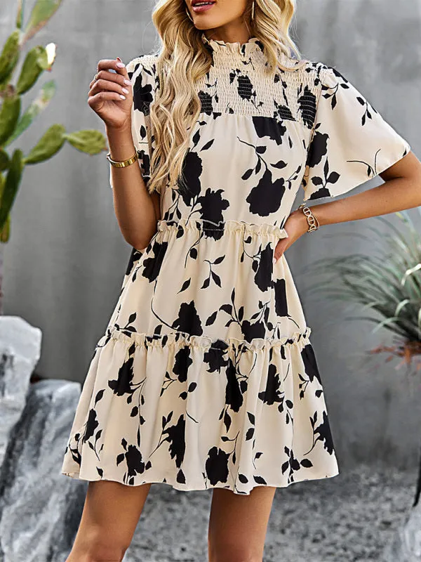 Floral Print Mini Dress with Smocked Bodice and Tiered Design