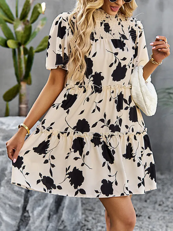Floral Print Mini Dress with Smocked Bodice and Tiered Design