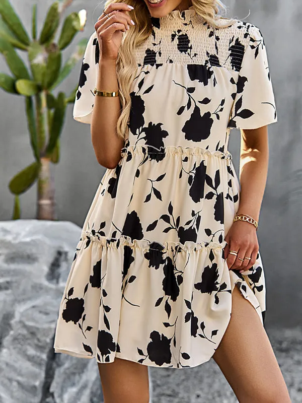 Floral Print Mini Dress with Smocked Bodice and Tiered Design