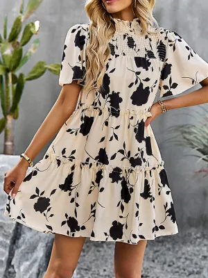 Floral Print Mini Dress with Smocked Bodice and Tiered Design