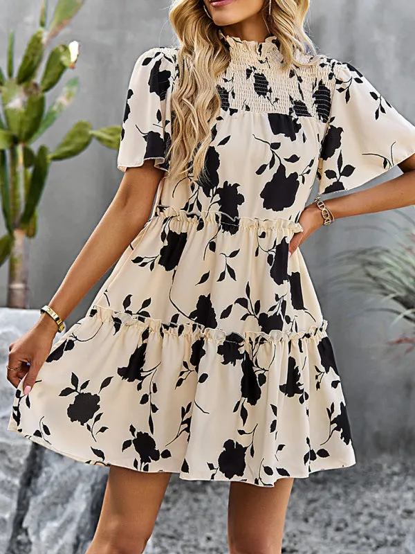 Floral Print Mini Dress with Smocked Bodice and Tiered Design