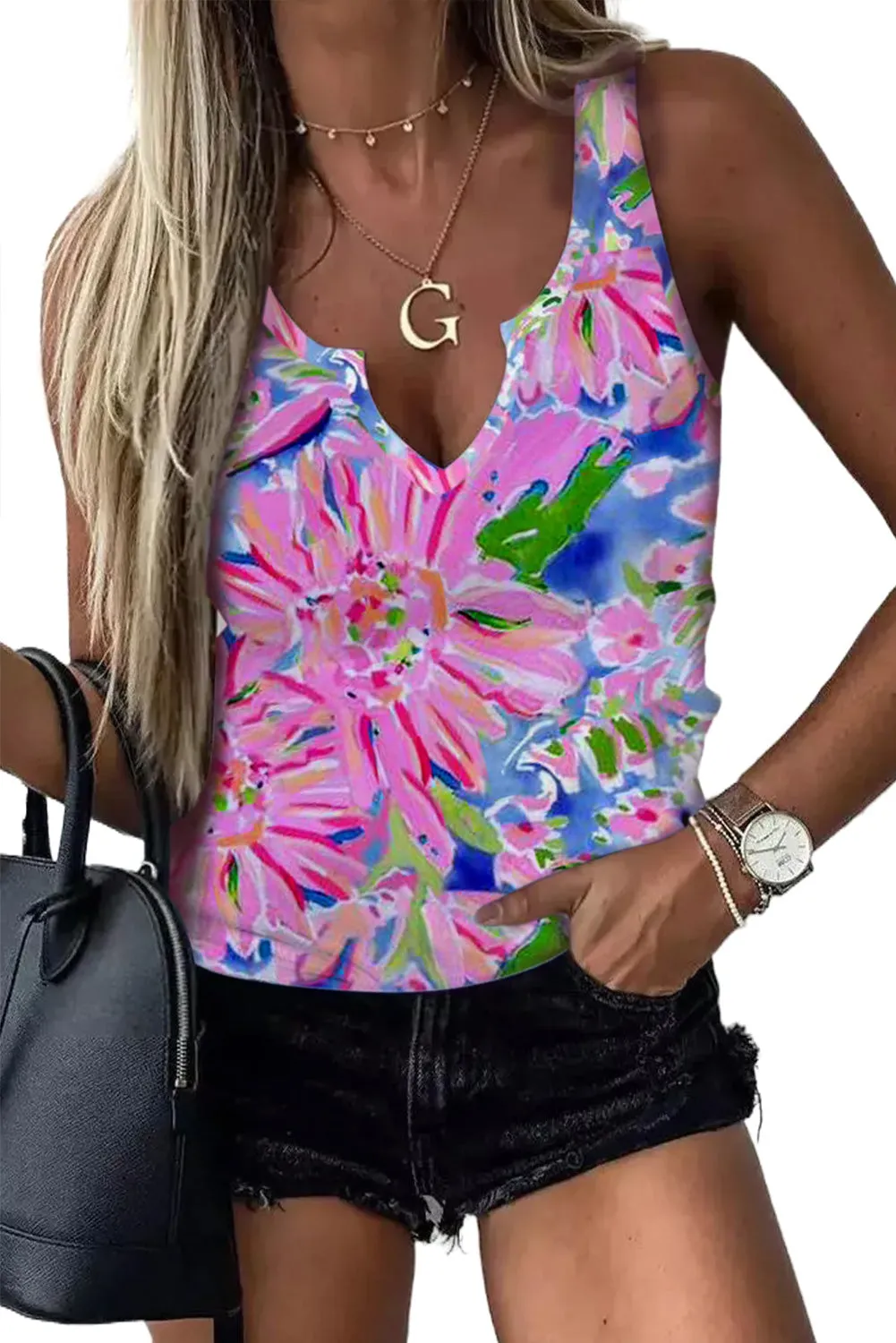 Floral Print Notch Neck Sleeveless Top