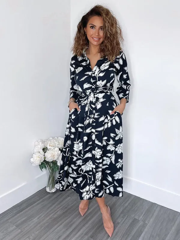 Floral Print Shirt Dress with Tie Waist and Cropped Sleeves