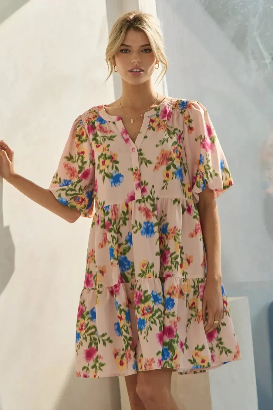 Floral Printed Short Sleeve Baby Doll Multicolor Dress – Cute & Feminine Style