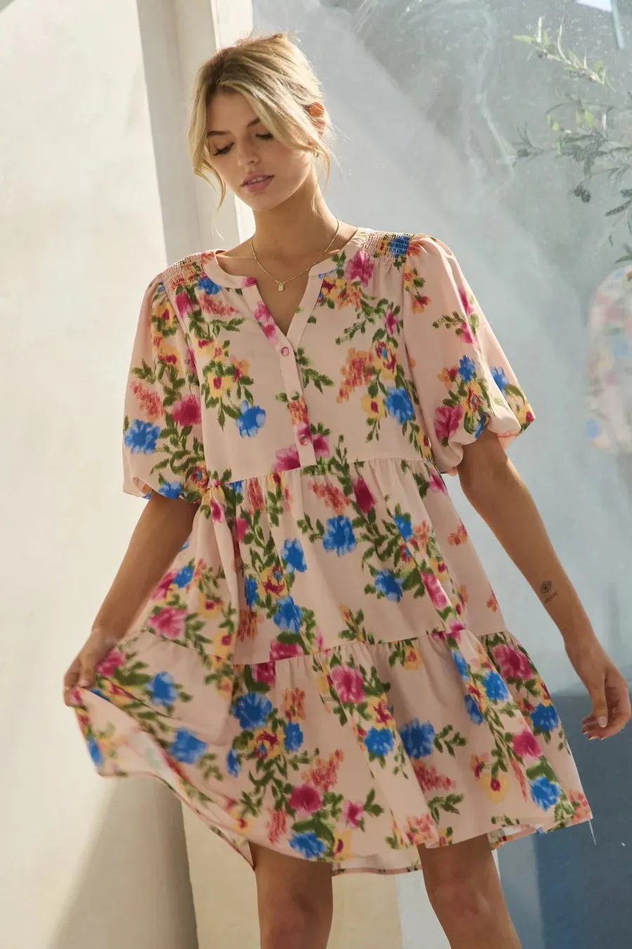 Floral Printed Short Sleeve Baby Doll Multicolor Dress – Cute & Feminine Style