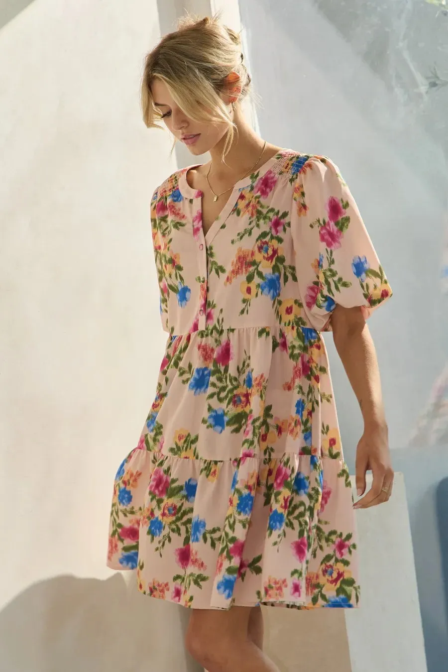 Floral Printed Short Sleeve Baby Doll Multicolor Dress – Cute & Feminine Style