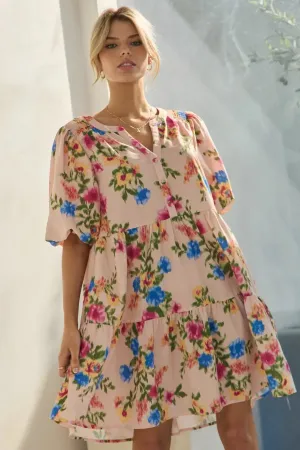 Floral Printed Short Sleeve Baby Doll Multicolor Dress – Cute & Feminine Style