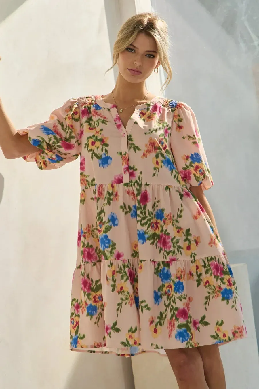 Floral Printed Short Sleeve Baby Doll Multicolor Dress – Cute & Feminine Style