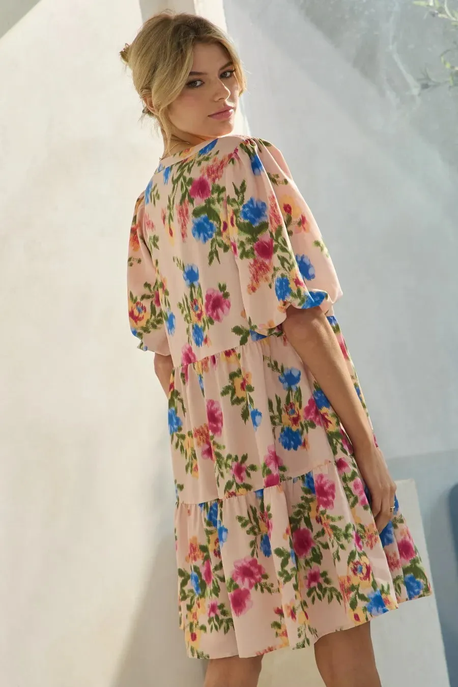 Floral Printed Short Sleeve Baby Doll Multicolor Dress – Cute & Feminine Style