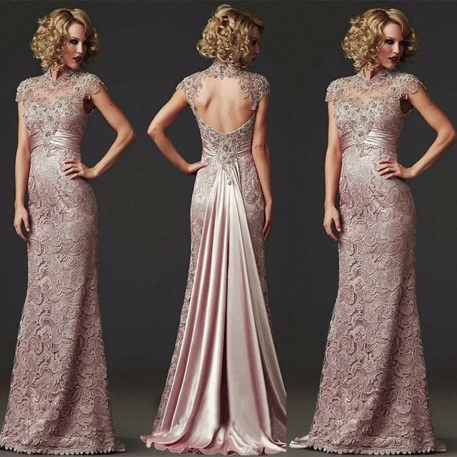 Formal Backless Mother Of The Bride Dress Mermaid Style High Collar With Cap Sleeves And Lace Embellished Beading