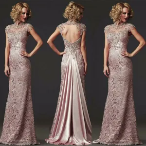 Formal Backless Mother Of The Bride Dress Mermaid Style High Collar With Cap Sleeves And Lace Embellished Beading