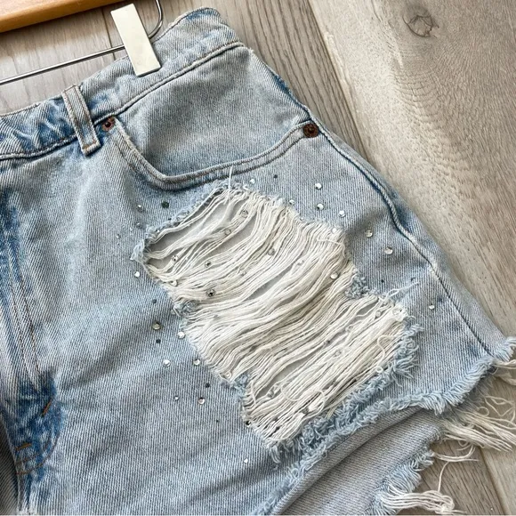 Furst of a Kind Levis High Rise Distressed Rhinestone Shorts Blue (size 12)