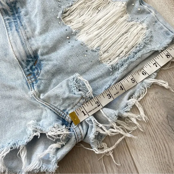 Furst of a Kind Levis High Rise Distressed Rhinestone Shorts Blue (size 12)