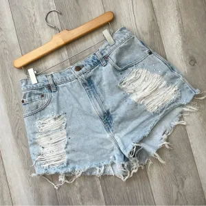 Furst of a Kind Levis High Rise Distressed Rhinestone Shorts Blue (size 12)