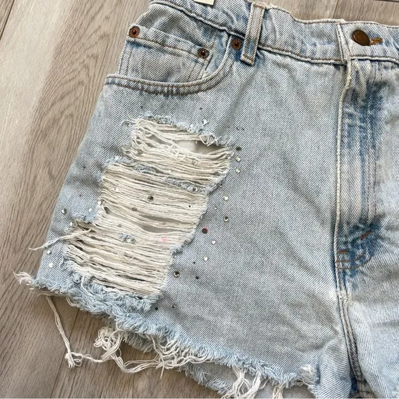 Furst of a Kind Levis High Rise Distressed Rhinestone Shorts Blue (size 12)