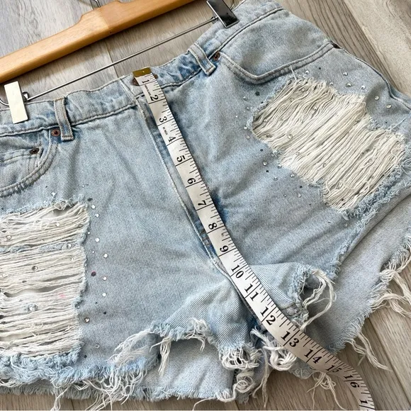 Furst of a Kind Levis High Rise Distressed Rhinestone Shorts Blue (size 12)