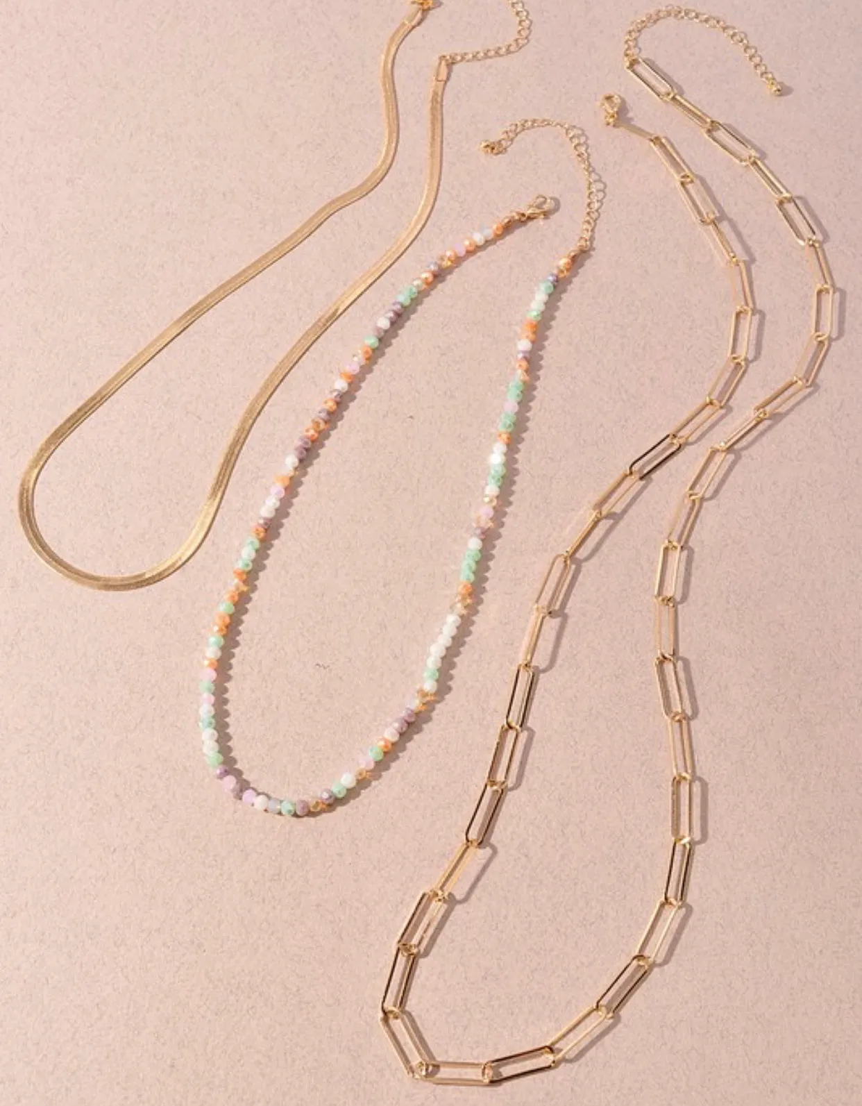 Glass Bead, Snake Chain and Link Necklace Set