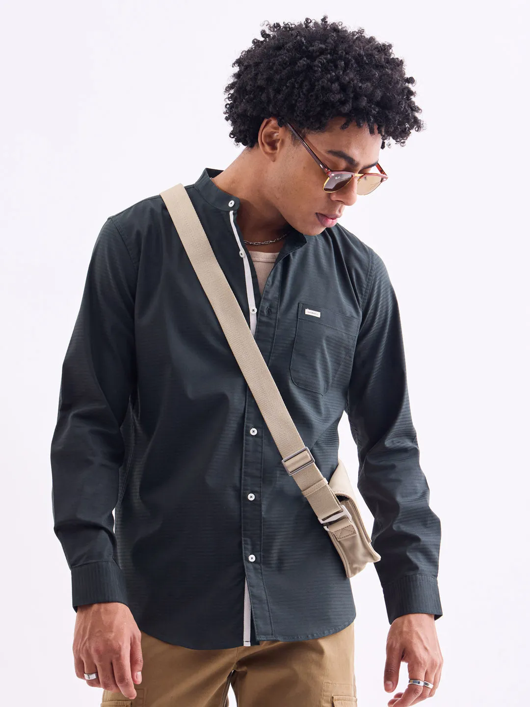 Green Chinese Collar Slim Fit Shirt