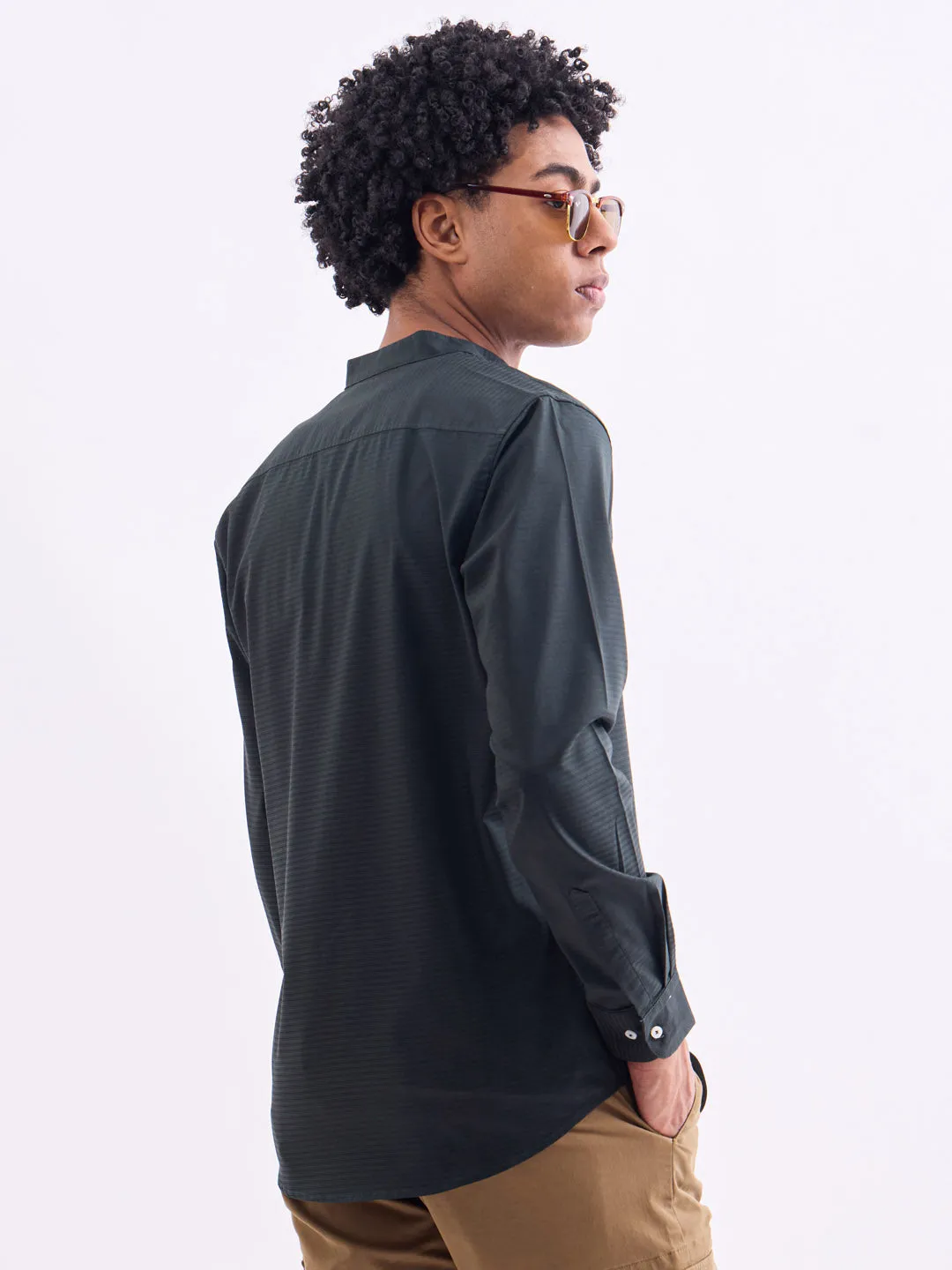 Green Chinese Collar Slim Fit Shirt