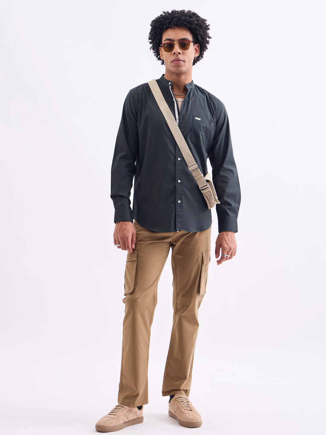 Green Chinese Collar Slim Fit Shirt