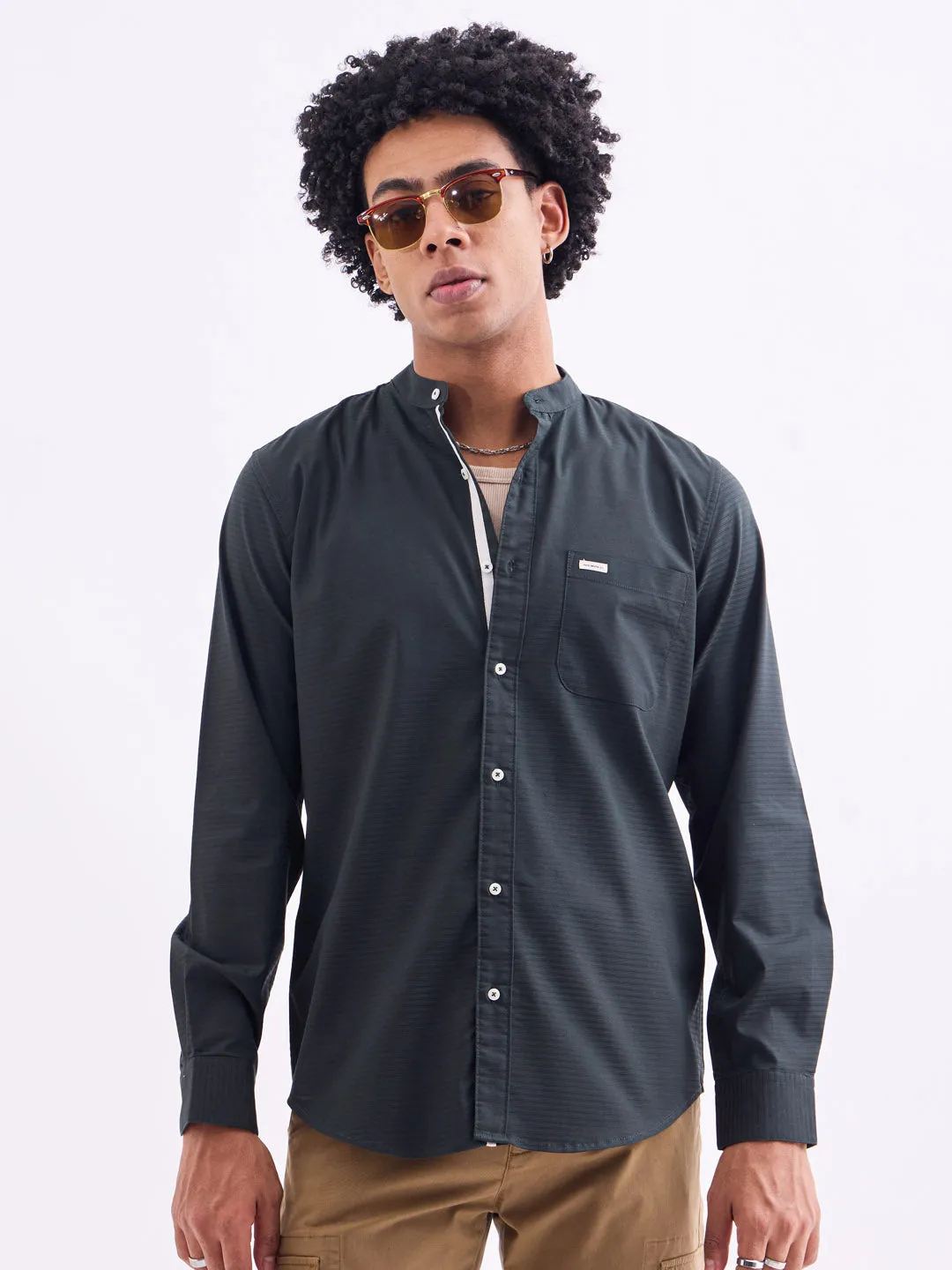 Green Chinese Collar Slim Fit Shirt
