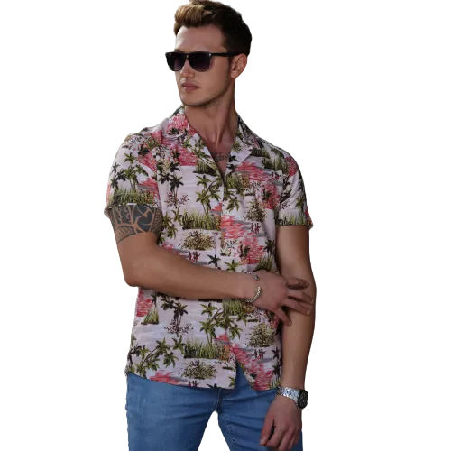 Green Pink Palm Trees European Made & Designed Hawaiian Summer Shirts For Men