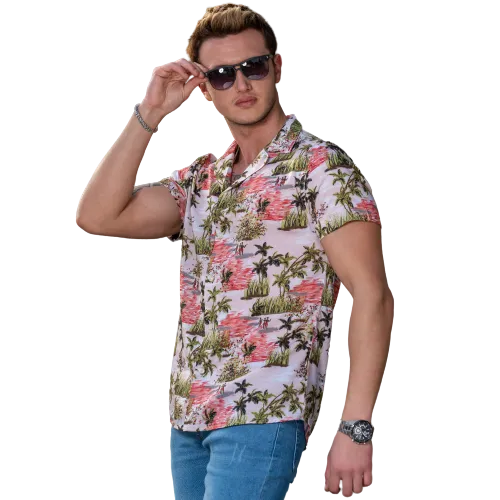 Green Pink Palm Trees European Made & Designed Hawaiian Summer Shirts For Men