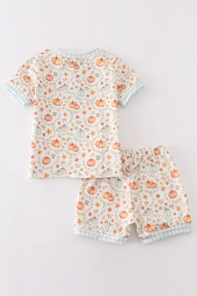 Green Pumpkin Print Girl Ruffle Shorts Set