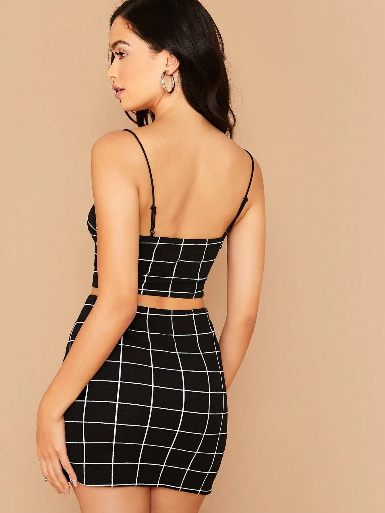 Grid Print Cropped Cami Top & Mini Skirt Set