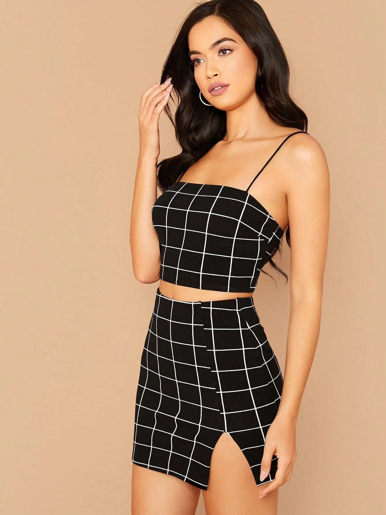 Grid Print Cropped Cami Top & Mini Skirt Set