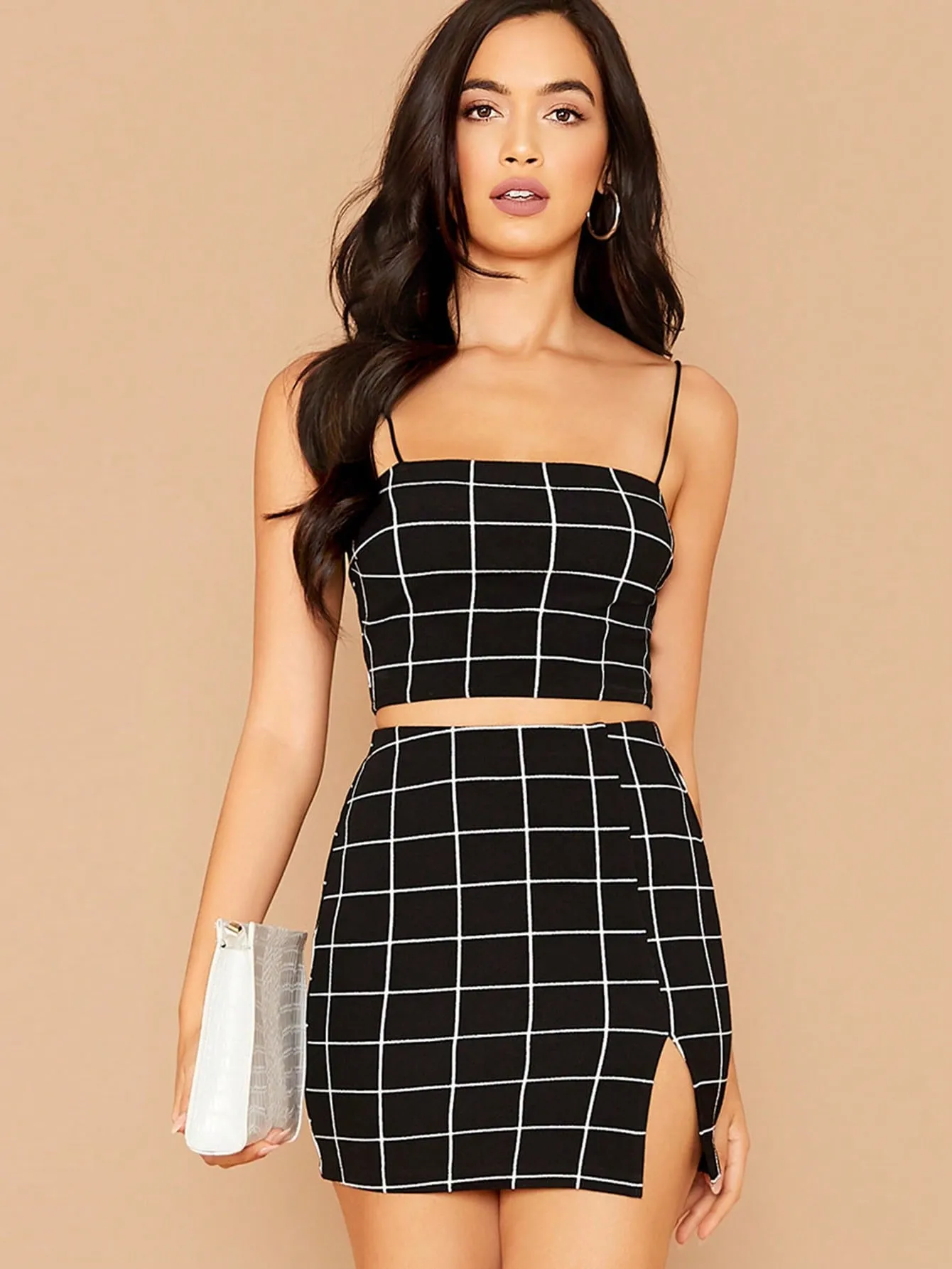 Grid Print Cropped Cami Top & Mini Skirt Set