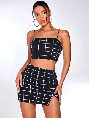 Grid Print Cropped Cami Top & Mini Skirt Set