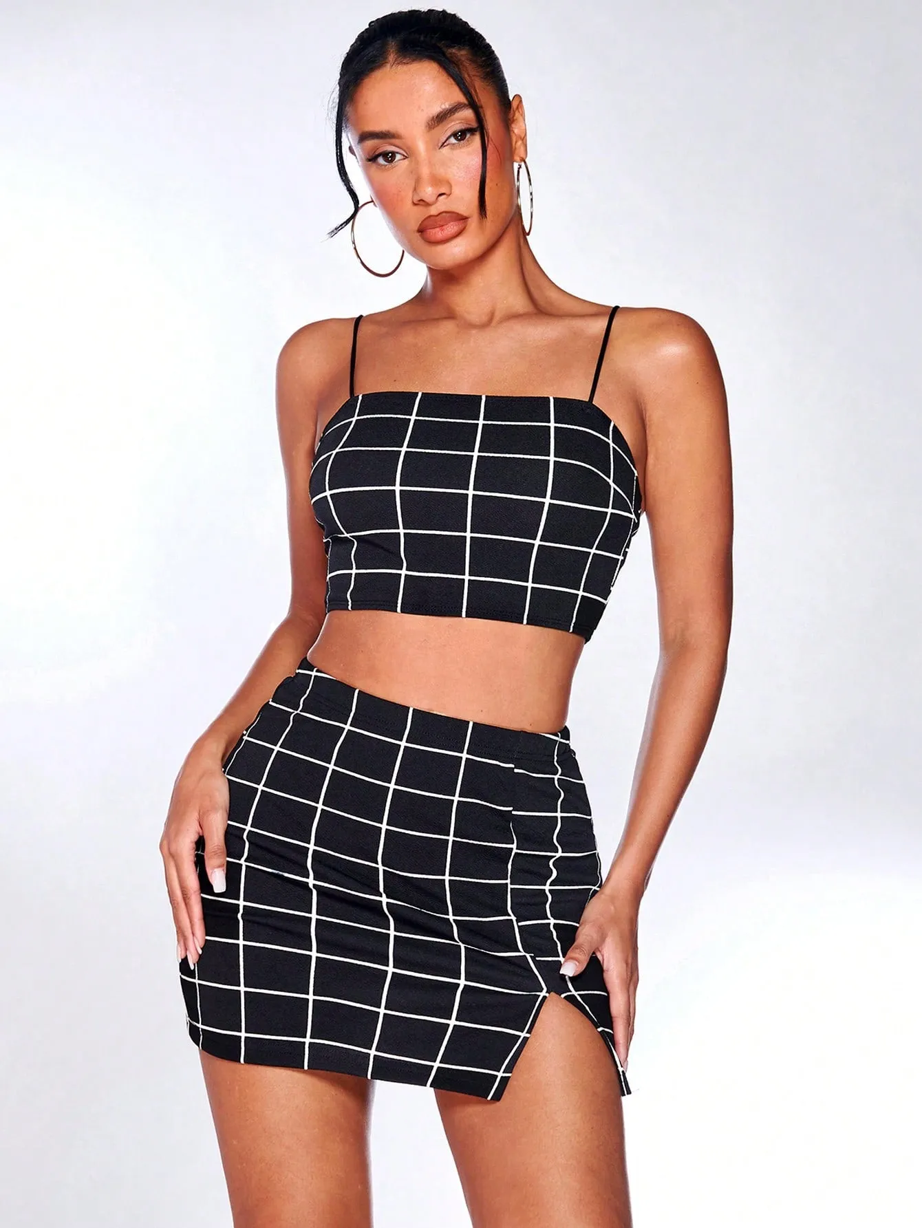 Grid Print Cropped Cami Top & Mini Skirt Set