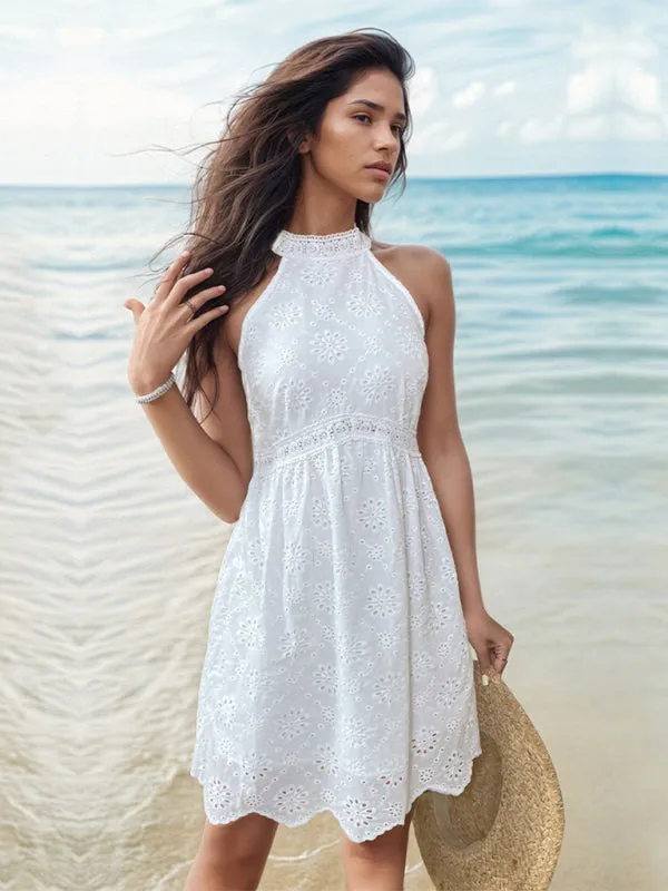 Halterneck Mini Dress with Eyelet Lace and Scalloped Hem