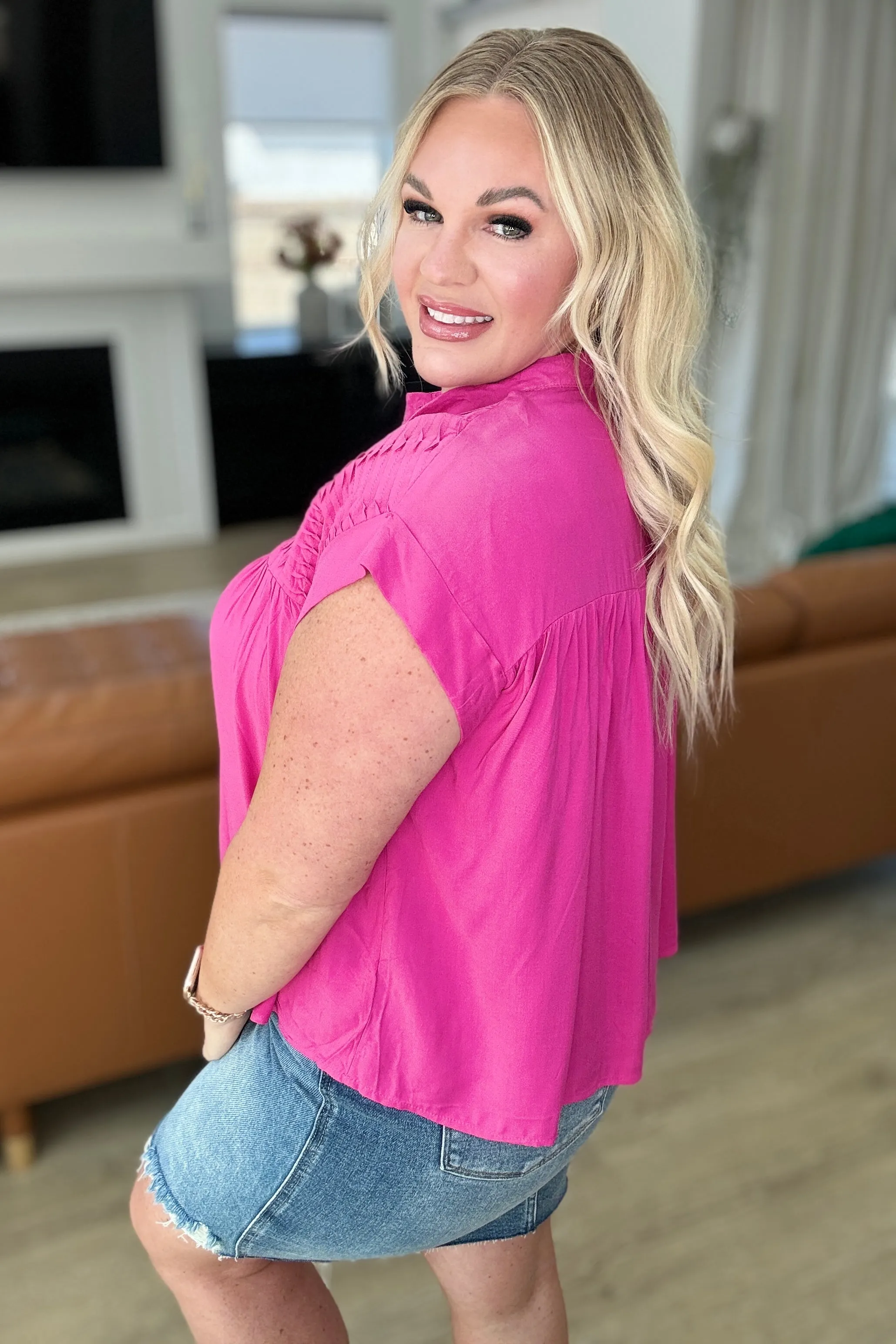 Hazel Blues® |  Pleat Detail Button Up Blouse in Hot Pink