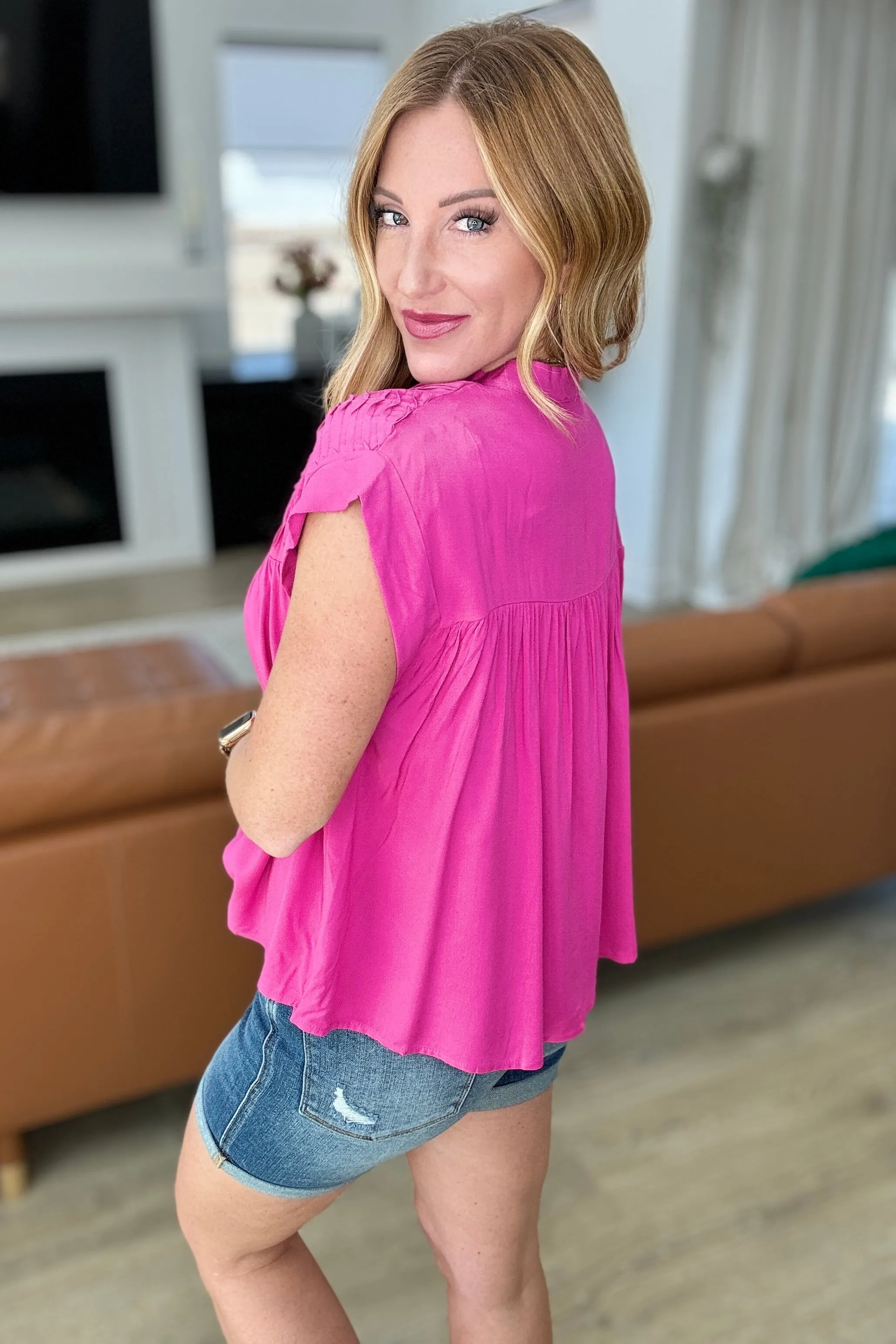 Hazel Blues® |  Pleat Detail Button Up Blouse in Hot Pink