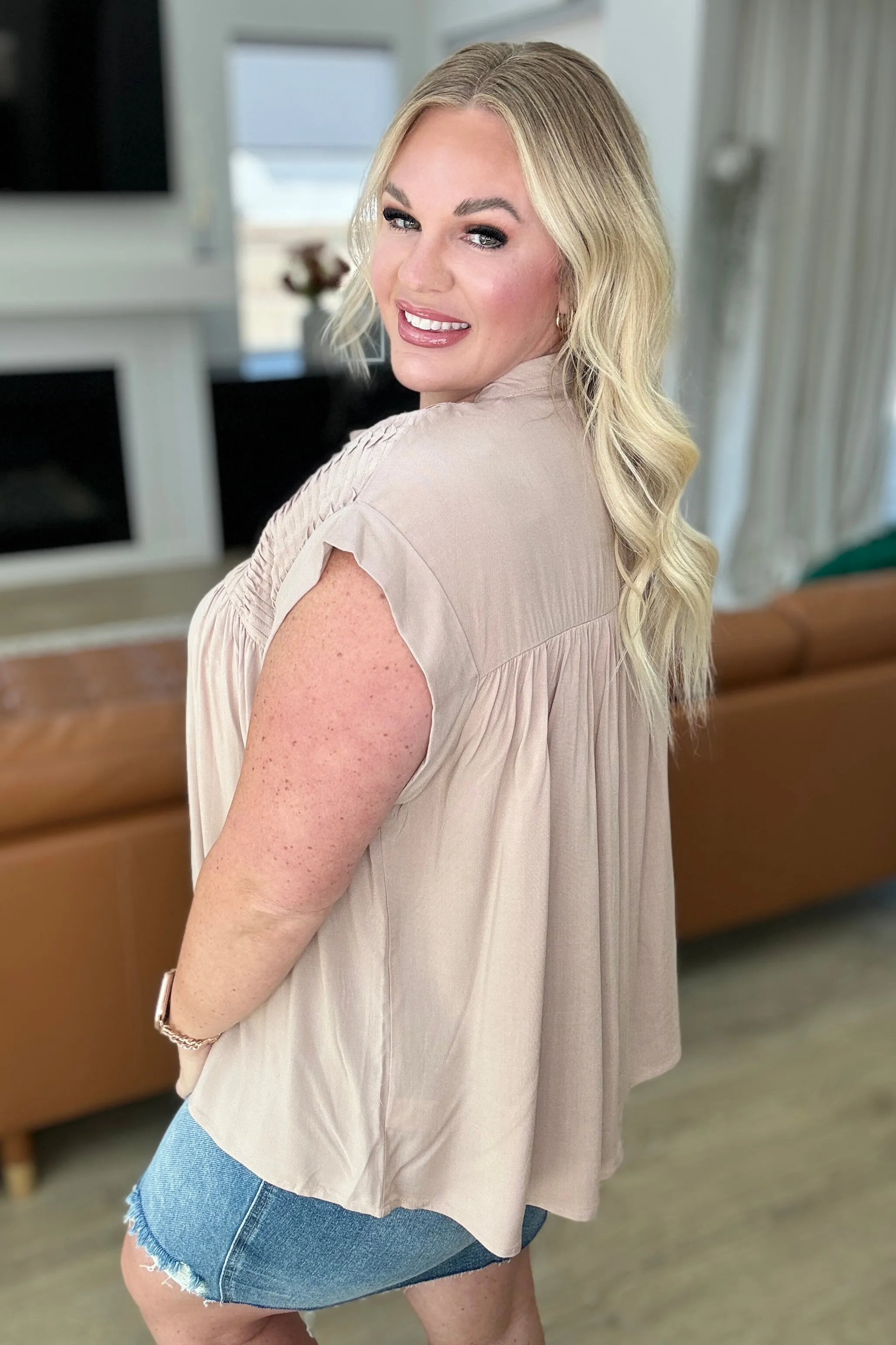 Hazel Blues® |  Pleat Detail Button Up Blouse in Taupe