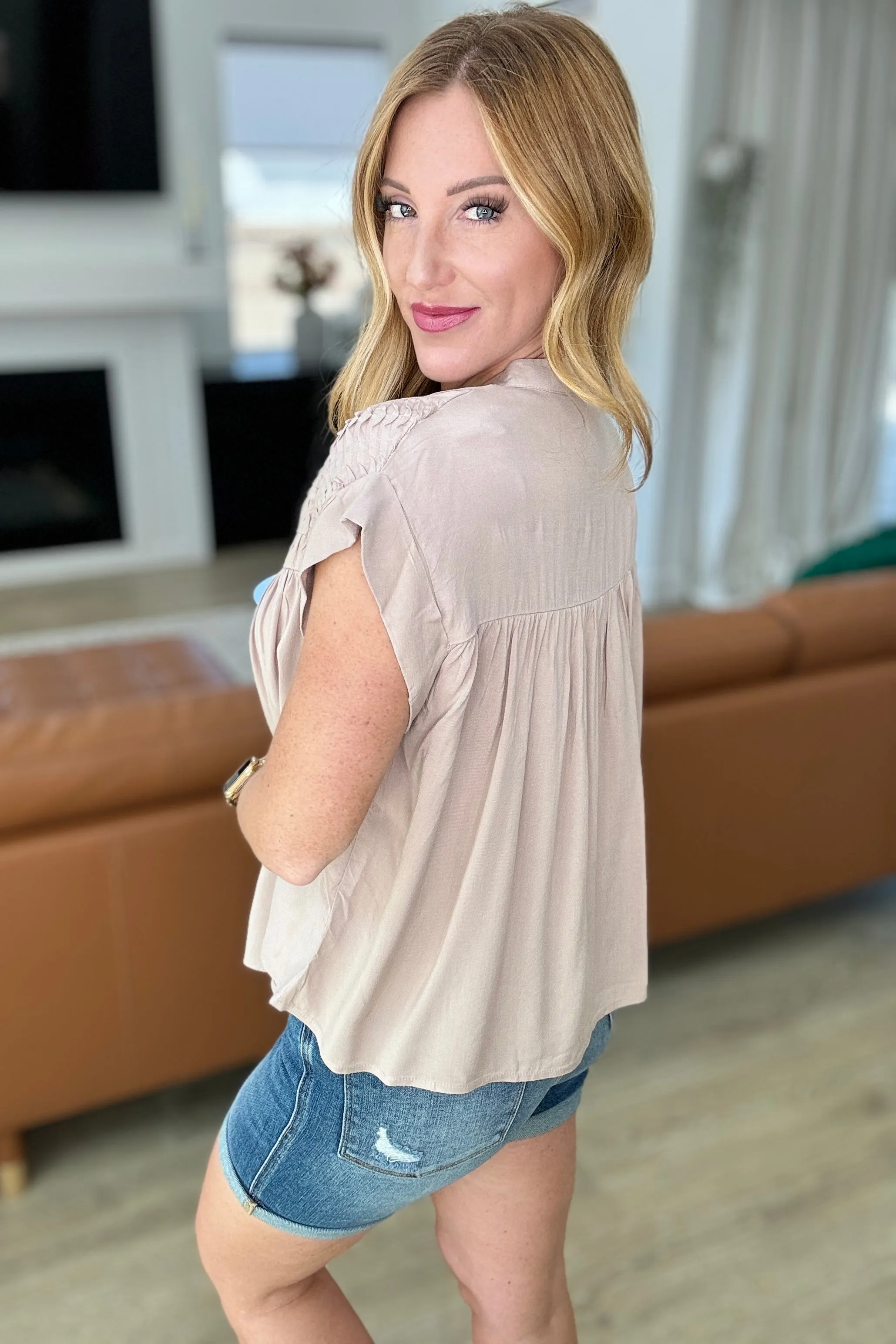 Hazel Blues® |  Pleat Detail Button Up Blouse in Taupe