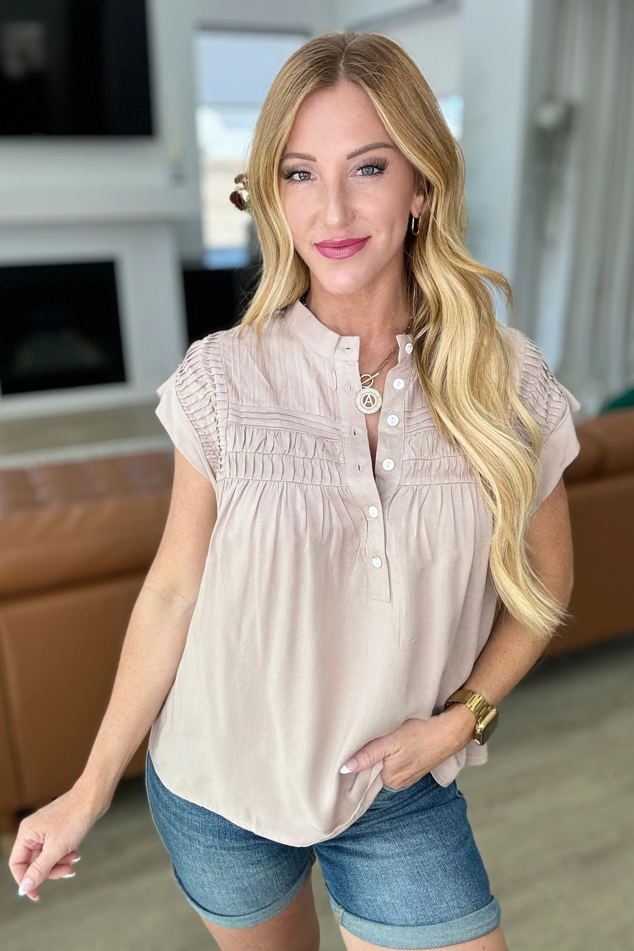 Hazel Blues® |  Pleat Detail Button Up Blouse in Taupe