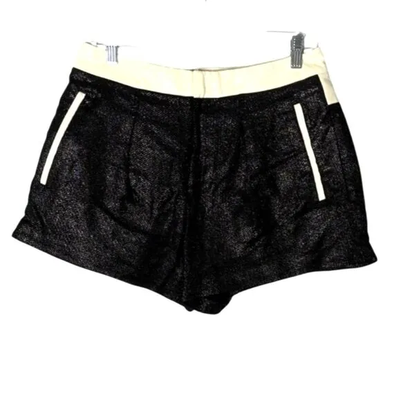 Helmut Lang Womens Black Metallic Shorts with Cream Lamb Leather Detail Size S