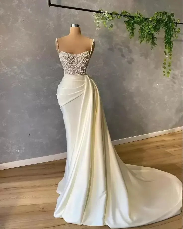 Ivory Wedding Mermaid Dresses With Pearls Beaded Crystals Spaghetti