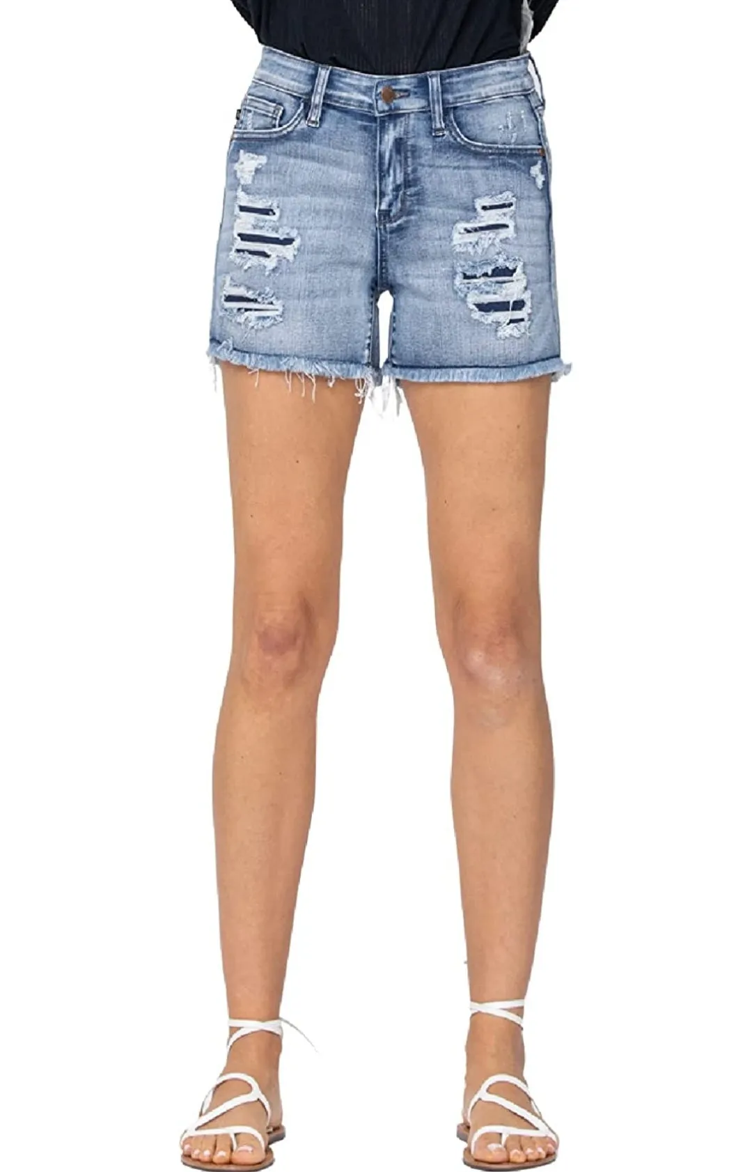 Judy Blue Denim Patch Mid Rise Distressed Short