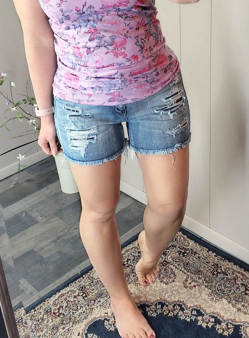 Judy Blue Denim Patch Mid Rise Distressed Short